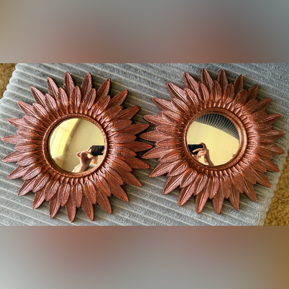 Lot of 2 Sunburst Sun Feather Copper Colored Bathroom Decor Wall Mirrors